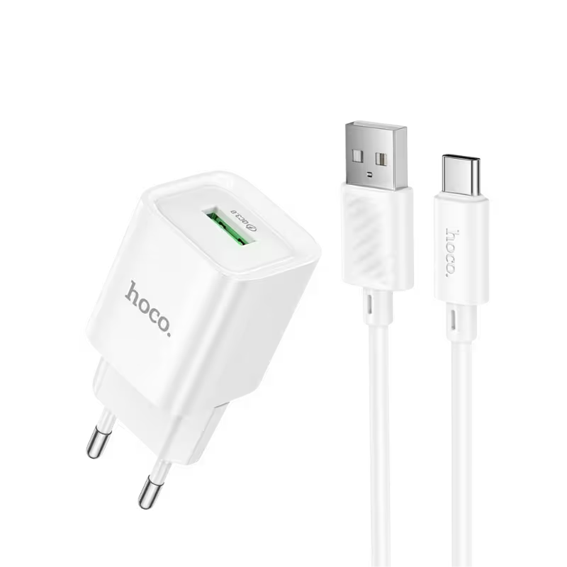 product-0-1442.png Hoco C145A QC 18W Mini Charger with USB-A to Type-C Cable - Image 1