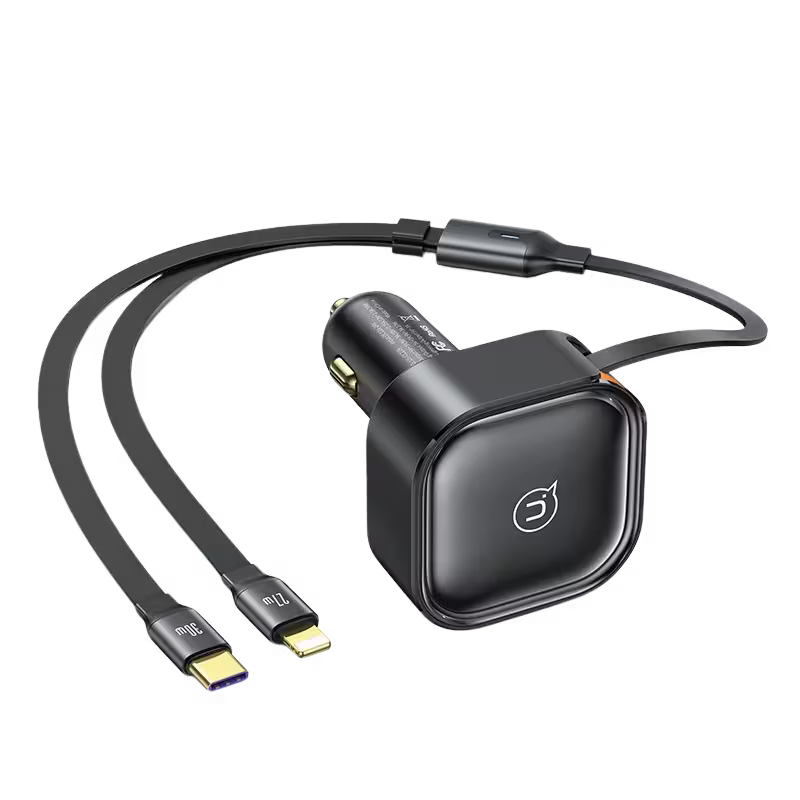 product-0-2222.png USAMS C41 30W Car Charger With 2IN1 Retractable Cable Type-C+Lightning - Image 1