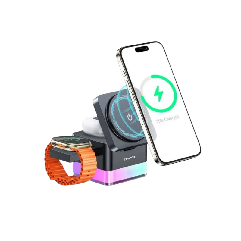 product-0-301.png Awei W25 3 in 1 Desktop Charger Magnetic Wireless Charger with RGB Light - Image 1